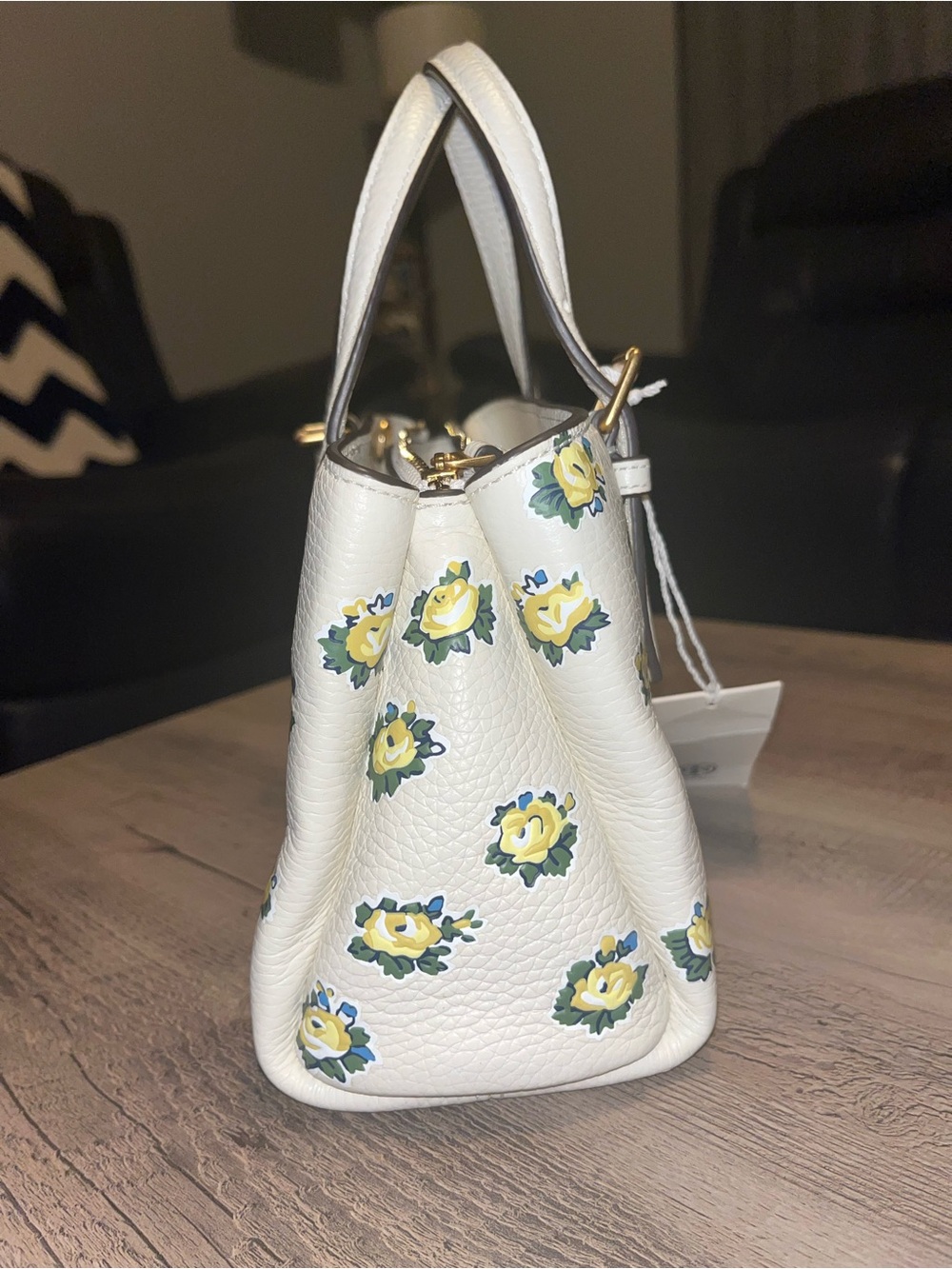 Tory Burch Pebble Leather Cream Floral Mini Satchel with Yellow & Green Accents - Picture 2 of 10